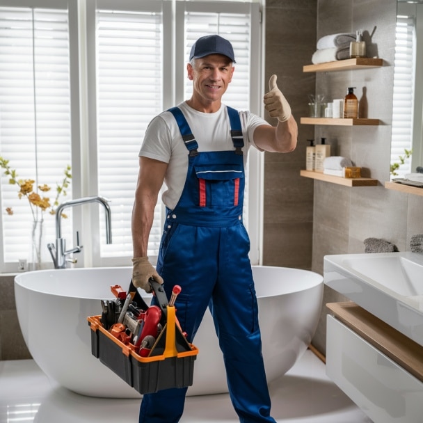 Plumber in blue overalls holding a toolbox and giving a thumbs up in a modern bathroom.
